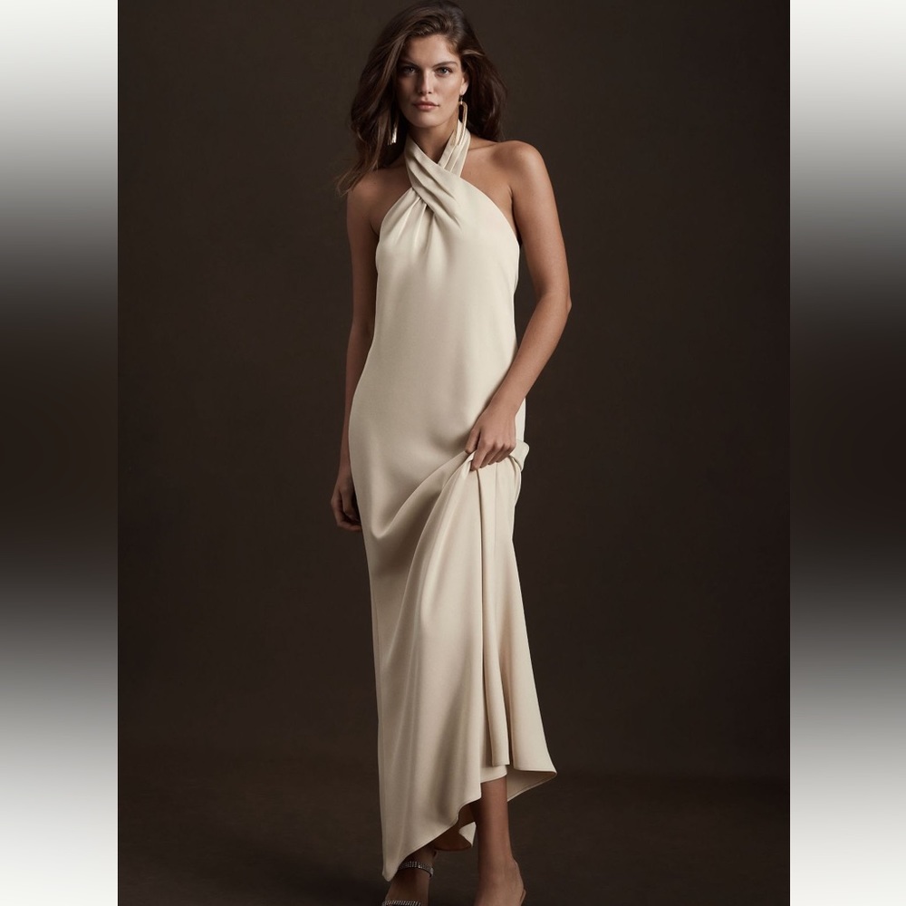 BHLDN Ruby Twist Halter Satin Gown - Champagne - Size 10